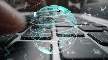 A stunning digital globe overlay showcasing data visualization on a keyboard symbolizes global connectivity and the impact of technology in the modern business landscape. Xenic - Powered by Adobe