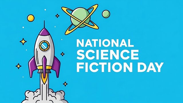 National science fiction day rocket and alien on blue background
