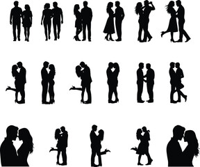 Romantic Couple Silhouettes Set, Loving Relationship, Dating, Kissing, Hugging Poses, Man and Woman Black Vector Collection