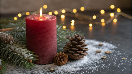 christmas still life. First Advent candle on bokeh light background. Merry Christmas festive card. Noel. Winter holiday xmas celebration theme. Happy New Year.