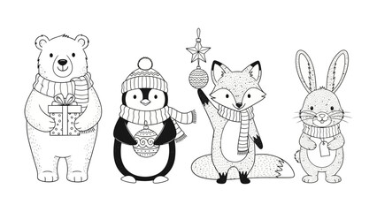 Winter Wonderland Pals: A charming collection of winter-themed animal friends, each adorned with cozy attire and festive decorations, conveying the spirit of the season