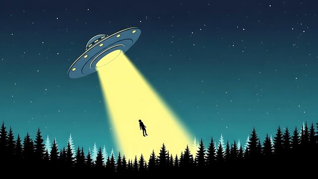 Alien spaceship abducting a person with a bright beam of light in a forest at night