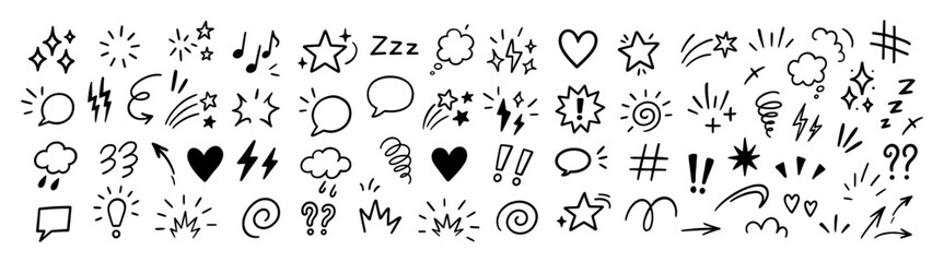 Doodle emotion cartoon expressive elements icon set colorful hand drawn symbols on transparent background