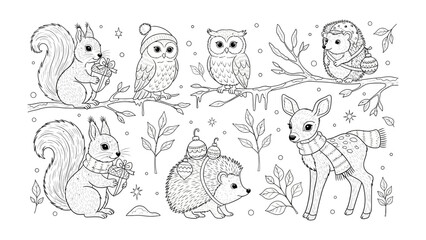 Obraz premium Winter Woodland Creatures: A charming collection of woodland creatures prepares for winter, showcasing a scene of adorable animals in a snow-kissed environment. capturing the purity and peace