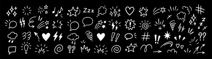 Hand drawn doodle emotion elements, expressive comic icons, cartoon speech bubbles and accent symbols set.