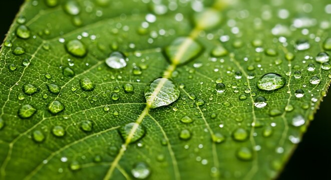 Vibrant Green Leaf Texture with Fresh Rain Drops