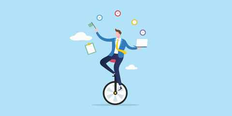 Businessman juggling tasks and time while riding a unicycle