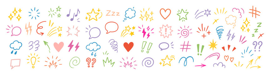 Comic design elements, manga expression, cartoon speech bubbles and emotion symbols, anime doodle elements collection, hand drawn expressive icons on transparent background.