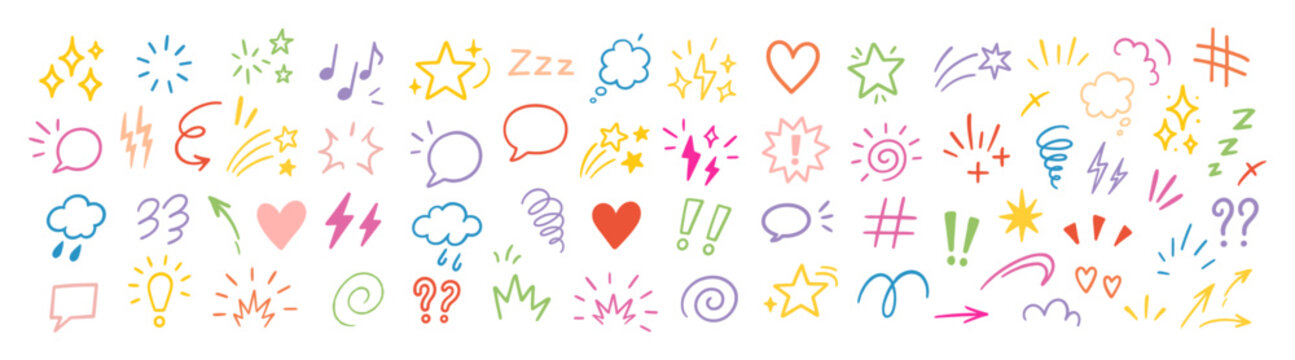 Comic design elements, manga expression, cartoon speech bubbles and emotion symbols, anime doodle elements collection, hand drawn expressive icons on transparent background.
