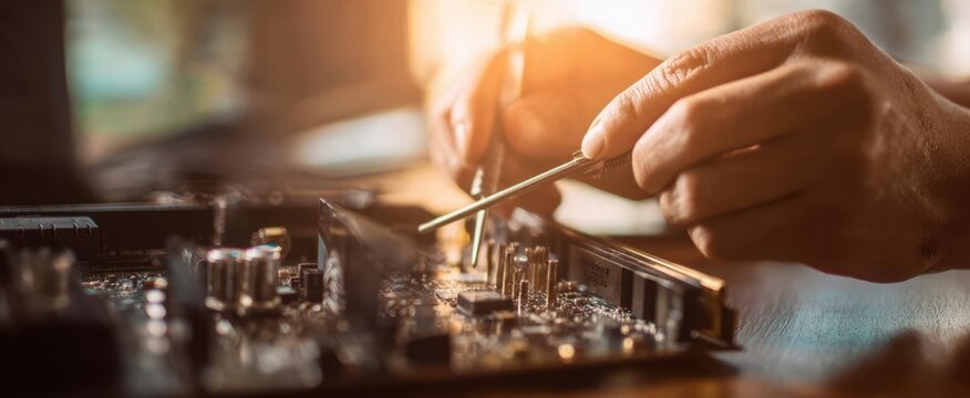 The Circuit Board Repair Technician Carefully Soldering Components in Warm Workshop Light - Powered by Adobe