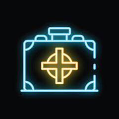 Neon first aid kit glowing on dark background, concept for emergency medical care