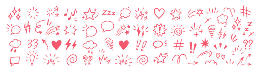 Obraz na płótnie Canvas Comic design elements, manga expression, cartoon speech bubbles and emotion symbols, anime doodle elements collection, hand drawn expressive icons on transparent background.