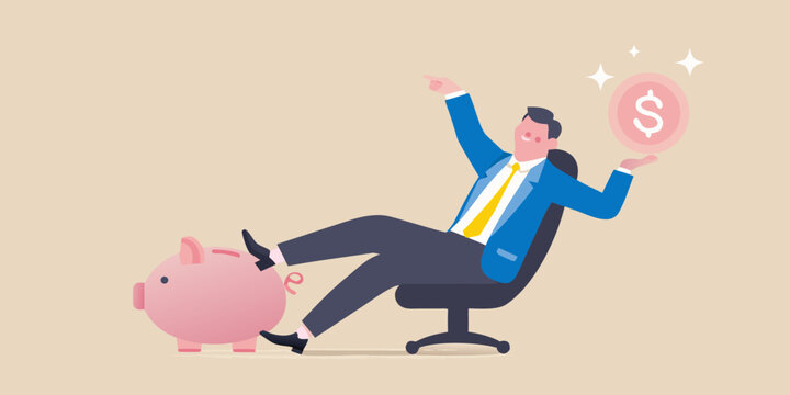 Businessman relaxing with piggy bank and coin symbolizing financial success