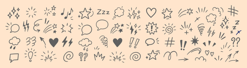 Hand drawn doodle emotion elements, expressive comic icons, cartoon speech bubbles and accent symbols set.