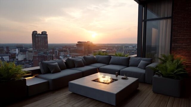 Modern rooftop lounge with sofa and fire pit at sunset with cityscape