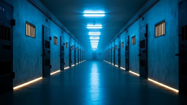 Long, Eerie Prison Corridor with Blue Lighting and Cell Doors.