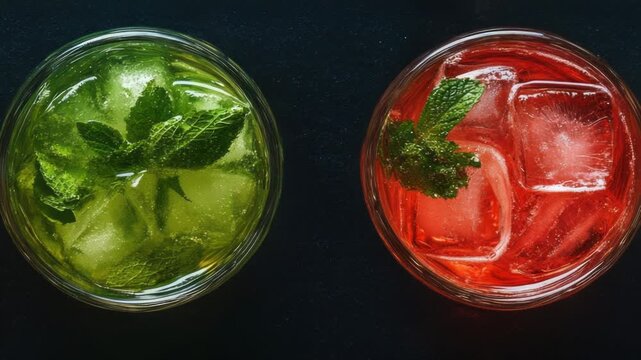 Video A pair of glasses filled with brightly colored drinks