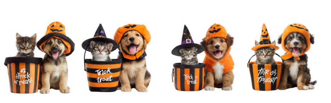 Adorable dogs and cats dressed in festive halloween costumes and decorations isolated on transparent background