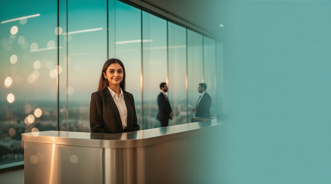 A professional woman in a black blazer stands at a reception desk in a modern office with large glass windows, while two men converse in the background against a cityscape at dusk.