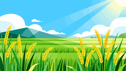 This bright, flat-style illustration depicts a lush green rice field under a sunny blue sky with clouds, backed by distant mountains, capturing a peaceful rural agricultural landscape.