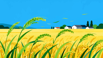 This bright, flat-style illustration depicts a lush green rice field under a sunny blue sky with clouds, backed by distant mountains, capturing a peaceful rural agricultural landscape.