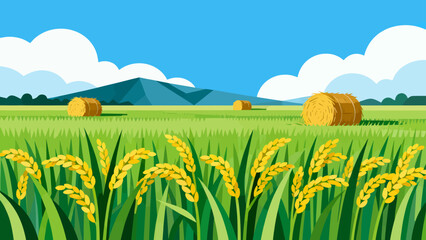 This bright, flat-style illustration depicts a lush green rice field under a sunny blue sky with clouds, backed by distant mountains, capturing a peaceful rural agricultural landscape.