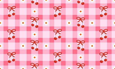 Pink gingham background and cherries tied bows, with small white daisy flower seamless pattern design. Vector illustration sweet, retro picnic style