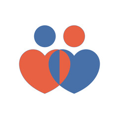 Two stylized figures are connected by interlocking hearts, symbolizing love and partnership.