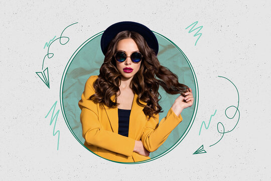 Poster art collage of person stand in green background with oval frame board