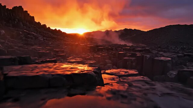 Vivid sunset over a basalt landscape with reflected light on wet rock formations and dramatic sky