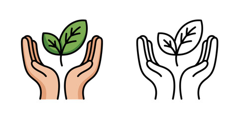Two hands holding a plant with two leaves in color and black and white line art