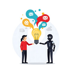 Human and AI Robot Collaboration Innovation Concept with Glowing Lightbulb and Communication Icons Vector Illustration for Business Technology Partnership Future