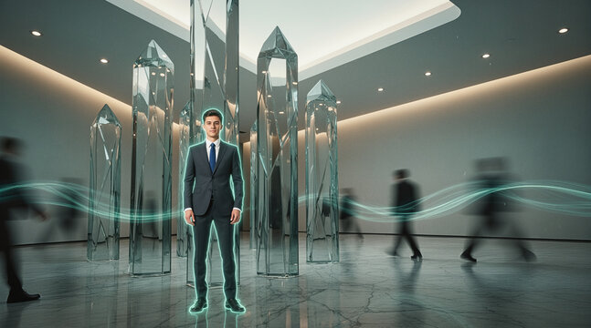 A man in a suit standing in a futuristic gallery with glowing crystal pillars and motion-blurred figures, illuminated by neon blue light trails.
