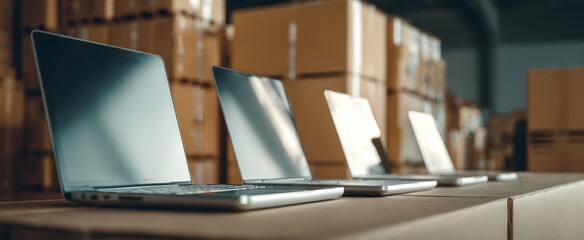 Obraz premium The Laptops on Cardboard Boxes in Warehouse Ready for Inventory and Shipping