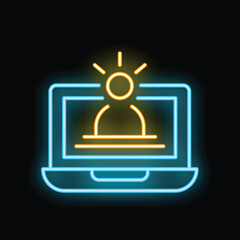 Brightly glowing neon laptop showing online tutor icon on black background