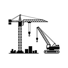Silhouette of construction cranes and buildings against a white background.