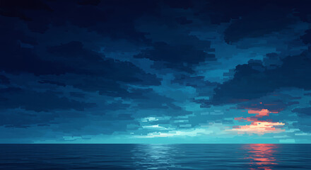 Abstract seascape with dark blue clouds at dusk and ocean