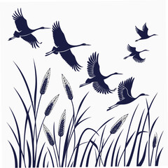 Flock of elegant dark blue cranes flying gracefully over tall reeds and cattails in silhouette