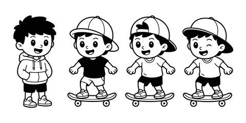 Four cartoon boys in different outfits one standing and three on skateboards