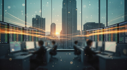 A modern financial trading office with traders working at desks surrounded by digital screens displaying stock data, viewed through large windows overlooking a city skyline at sunset.