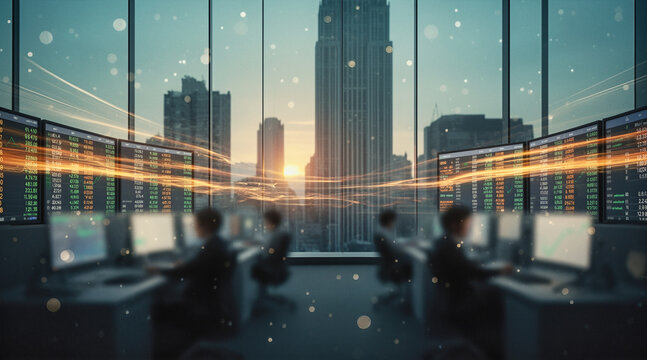 A modern financial trading office with traders working at desks surrounded by digital screens displaying stock data, viewed through large windows overlooking a city skyline at sunset.