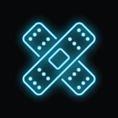 Blue neon adhesive bandage forming a cross glowing brightly against a black background