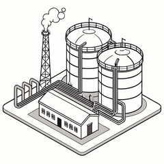 Industrial facility with large storage tanks a processing building and a smoking smokestack in isometric view © bilkish