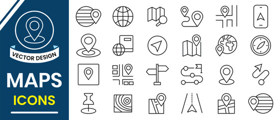 Maps line icon set. Location and navigation icon vector set. Containing location, navigation, GPS, city map,  route, atlas, direction, pin and more. Vector illustration.
