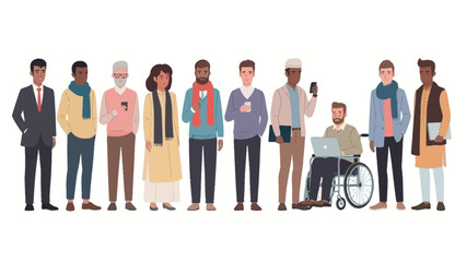 Several diverse male characters standing in a row, illustrated in a modern flat vector style.