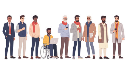 Fototapeta premium Several diverse male characters standing in a row, illustrated in a modern flat vector style.