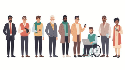 Several diverse male characters standing in a row, illustrated in a modern flat vector style.