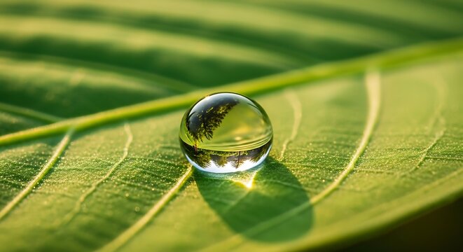 Macro Water Droplet on Green Leaf Reflecting Pine Tree