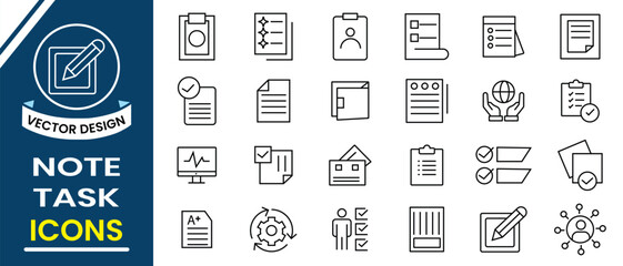 Notes and Tasks icon set collection. Set of thin line notes and tasks icons symbol. Task completed, progress, organize, unfinished, deadline, milestone, delay, edit document, batch processing vector.
