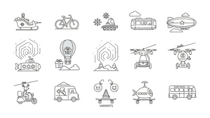 Transportation Collection: A curated set of diverse transportation icons, each meticulously crafted in a clean line style. Showcasing an array of vehicles from different eras and modes.